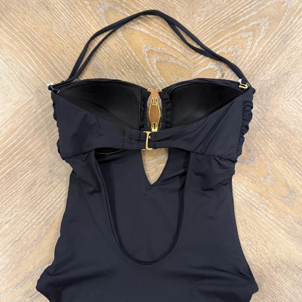 BECCA Rock Solid Gold Buckle Bandeau One Piece Swimsuit Black Medium NWOT